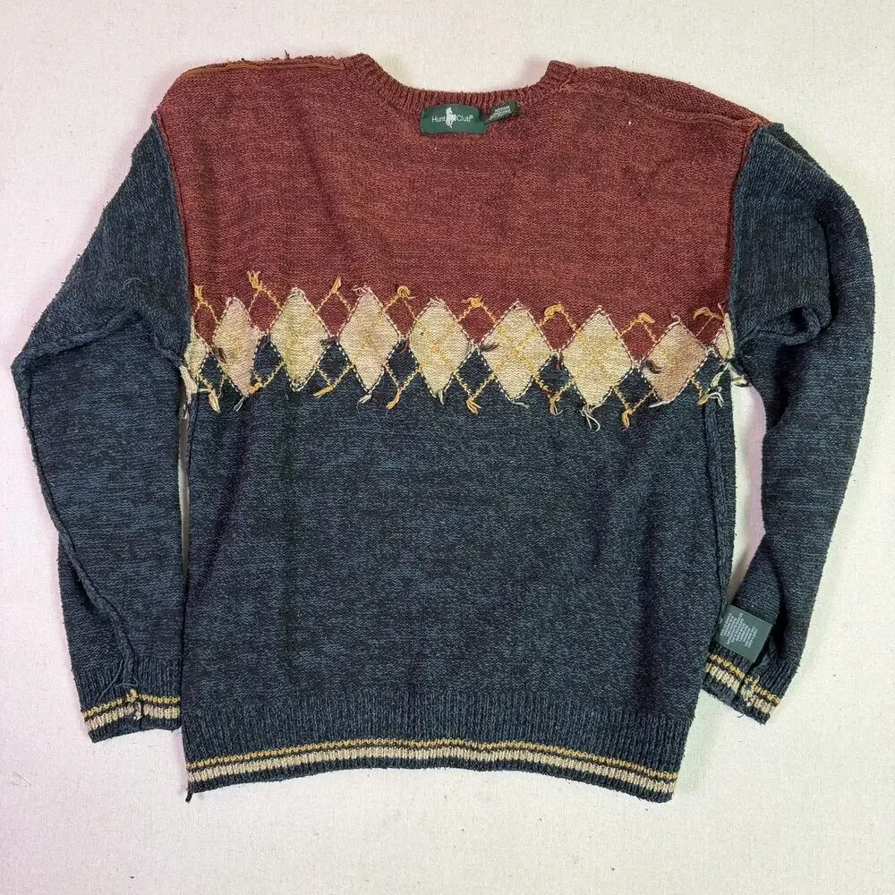 Vintage 90s Hunt Club Argyle Crewneck Sweater Men's Med Silk Cotton Grandpacore - Picture 10 of 11